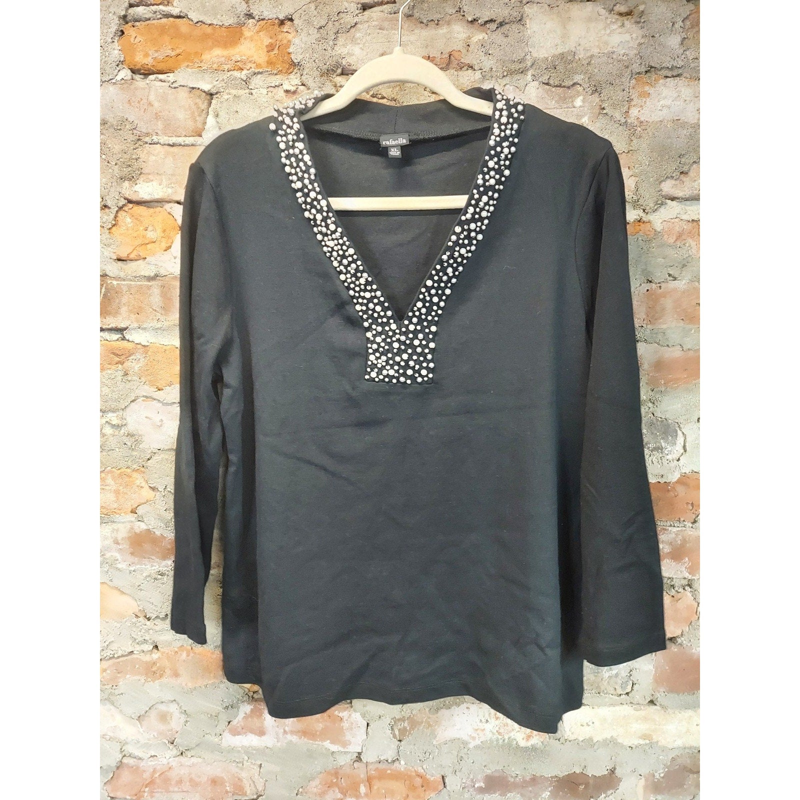 Rafaella Womens Tunic Top XL Black Pearl Embellished V Neck Long Sleeve