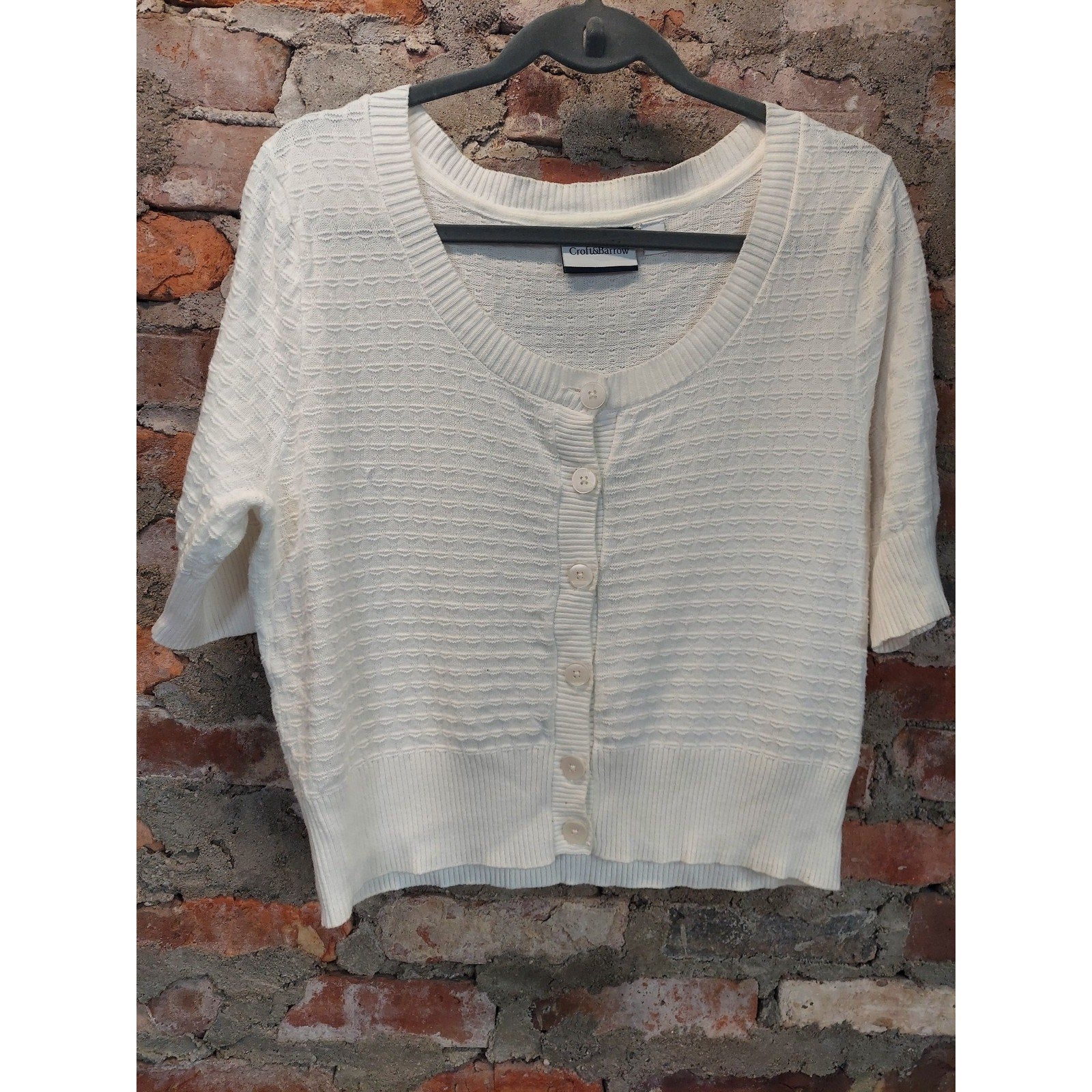 Croft & Barrow Womens Cardigan L White Short Sleeve Button Front Textured Knit