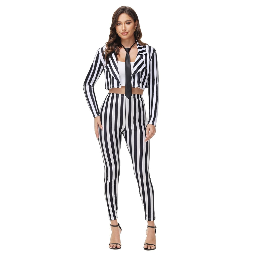 Womens Black White Striped Pinstripe Blazer Pants Suit Set Cosplay Halloween XS