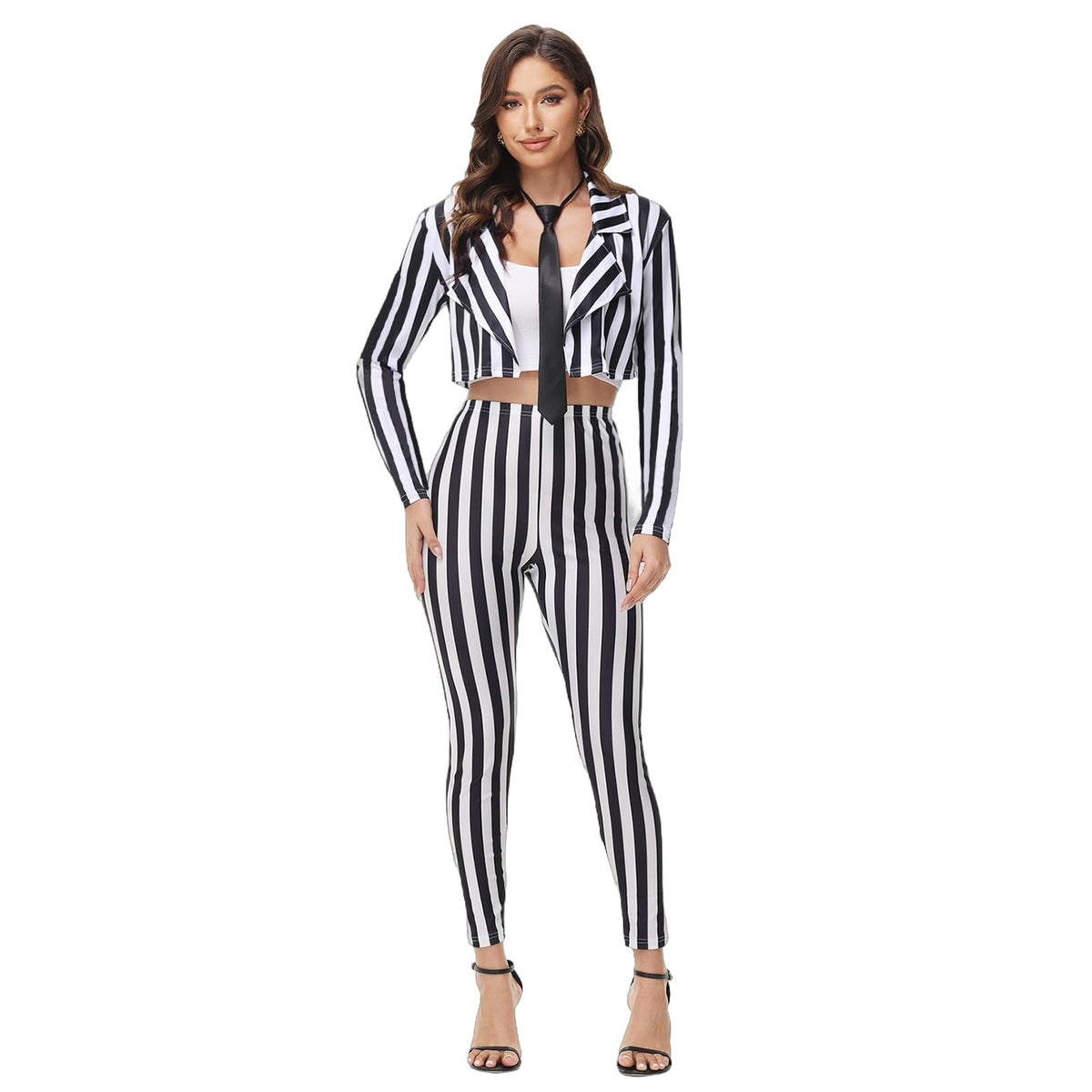 Womens Black White Striped Pinstripe Blazer Pants Suit Set Cosplay Halloween XS