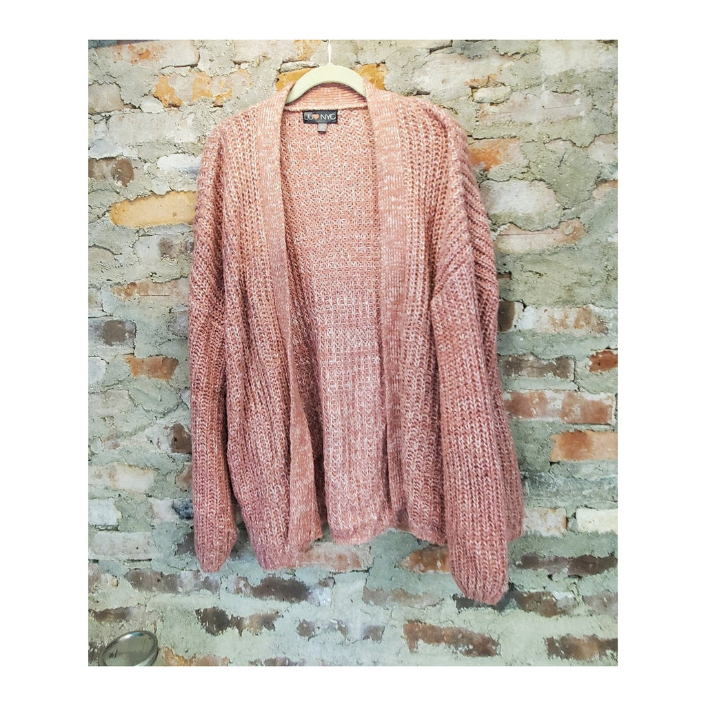 LULU NYC Womens Cardigan XL Heather Pink Chunky Knit Open Front Sweater