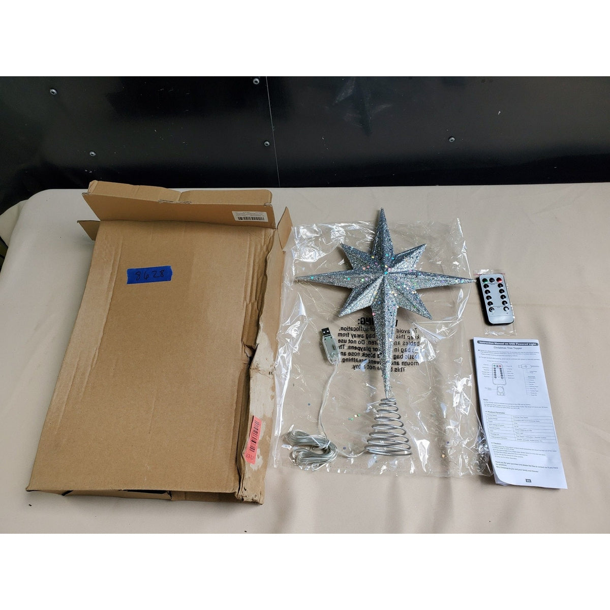 Christmas Tree Topper Lighted Star 10" Glitter Silver Remote Control Spiral Base