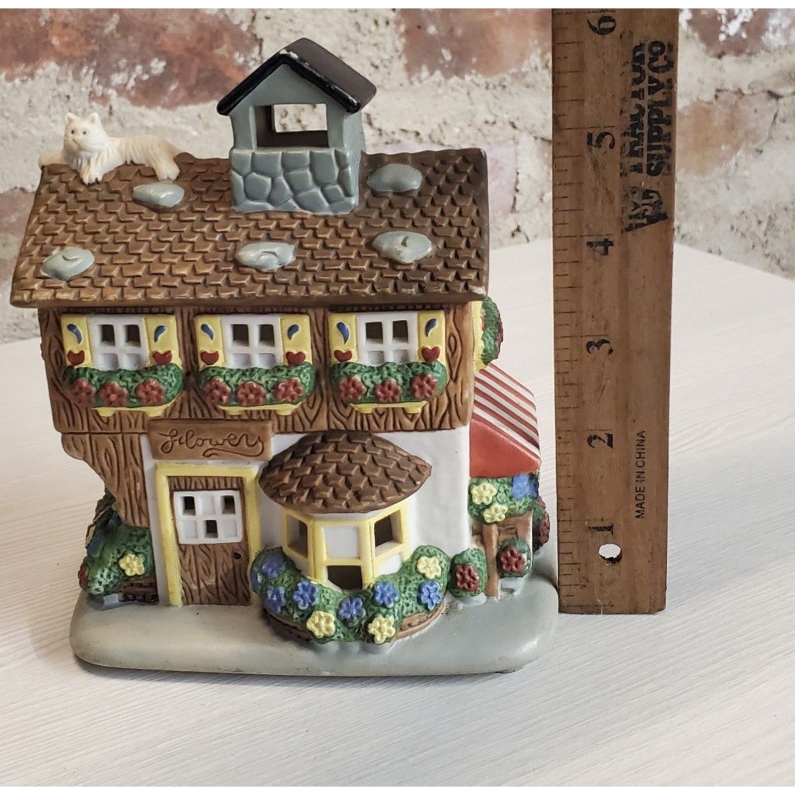 International Craft Flower Shop Village House Figurine Tea Light Candle Holder