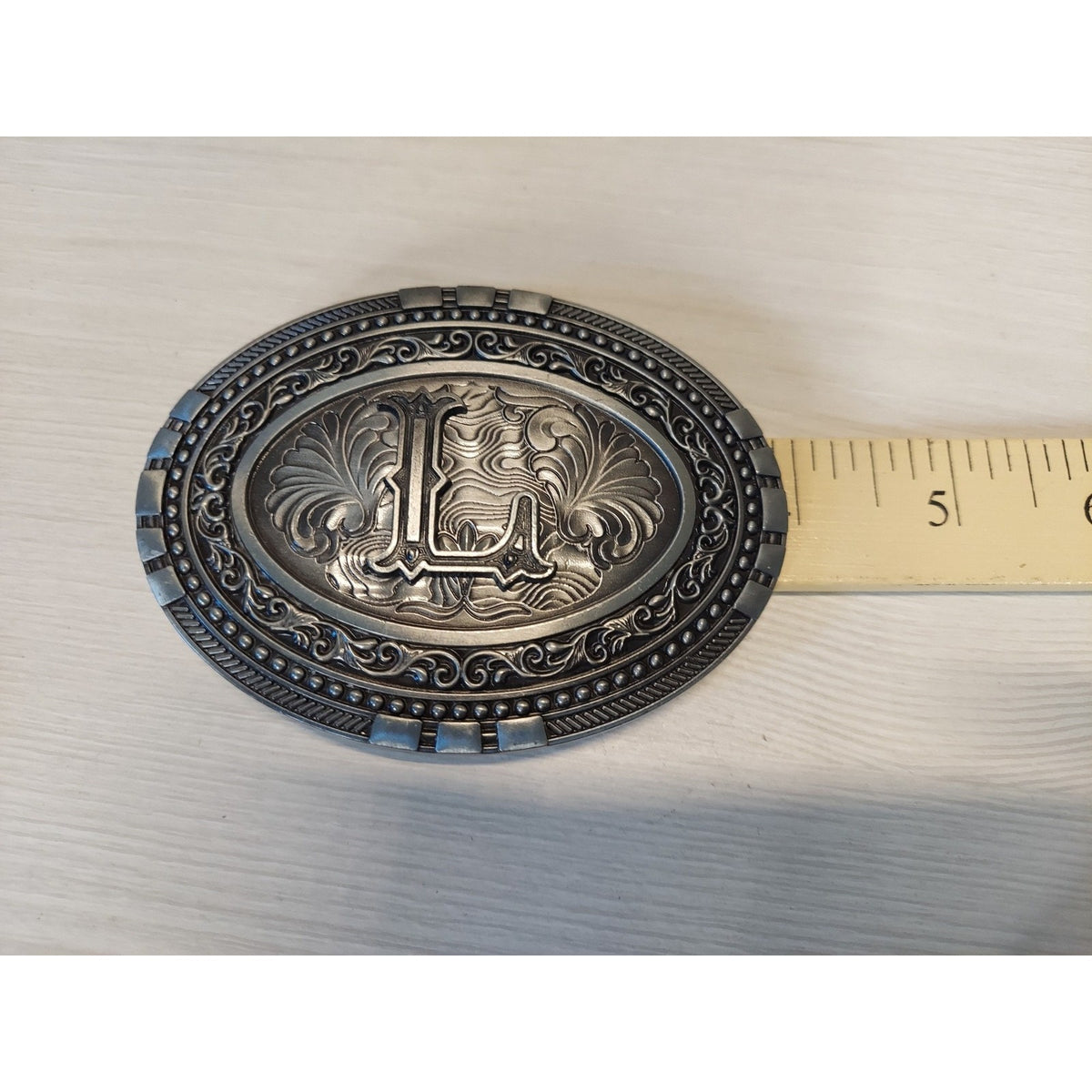 Initial L Belt Buckle Western Engraved Oval Silver Tone Metal Cowboy Style