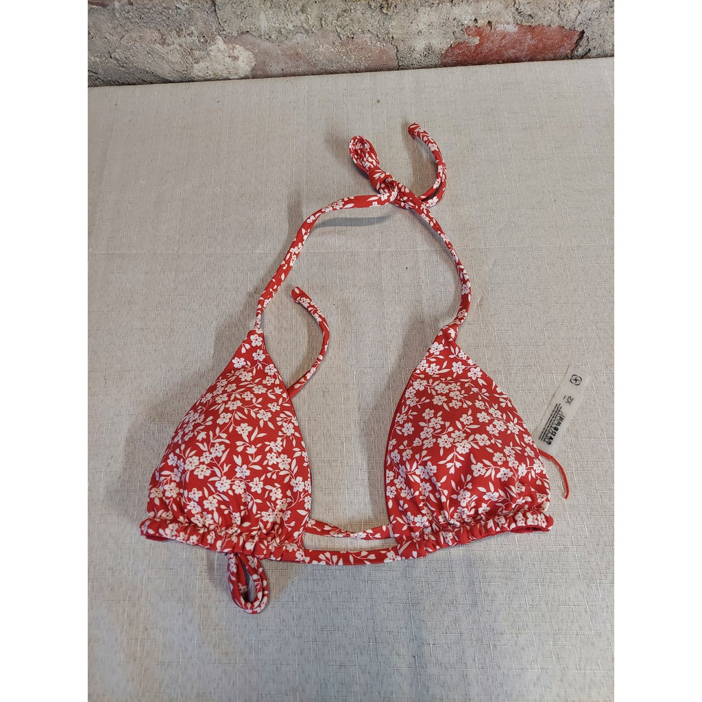 BERLOOK Womens Bikini Top XS Red White Floral Print Triangle Halter Tie NWT