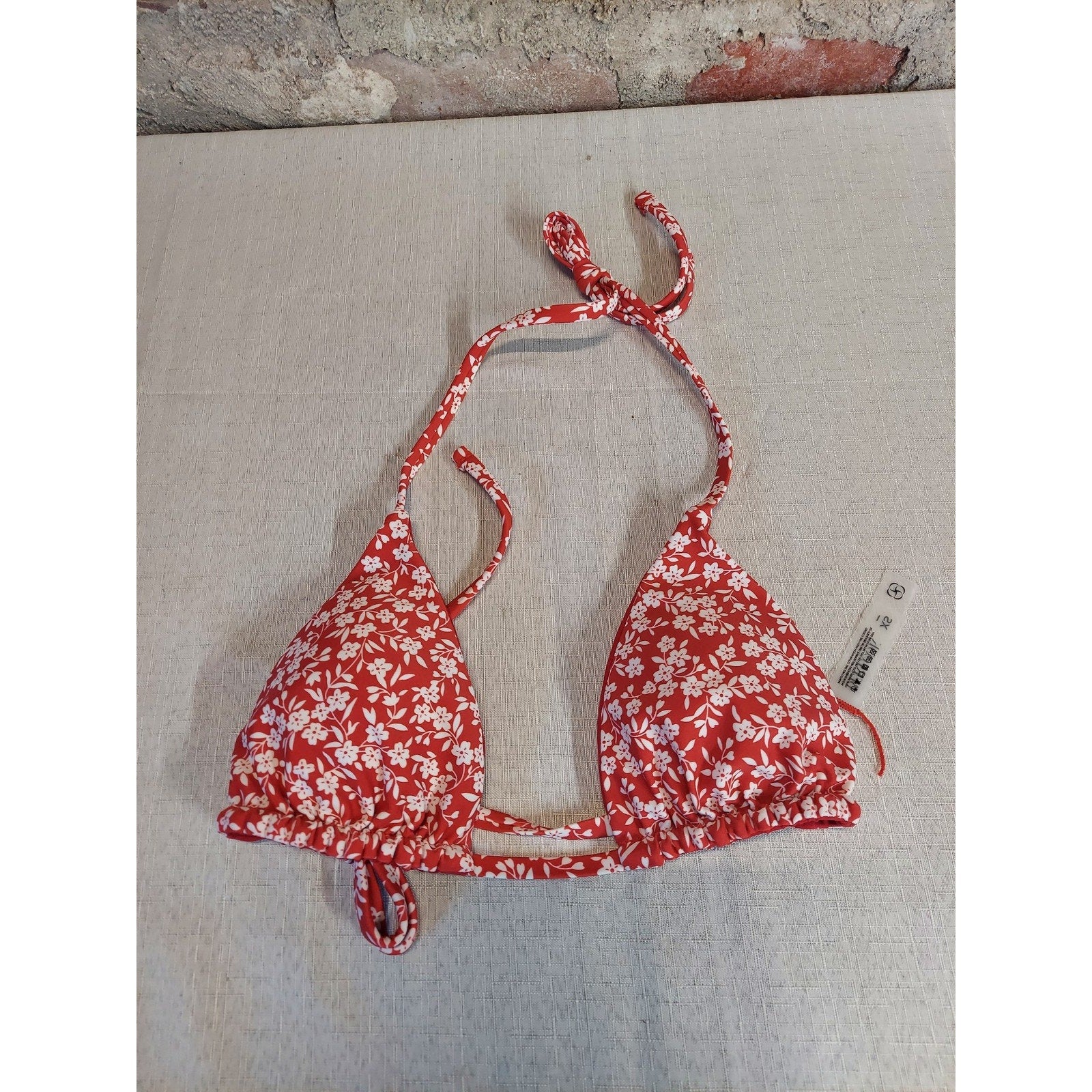 BERLOOK Womens Bikini Top XS Red White Floral Print Triangle Halter Tie NWT