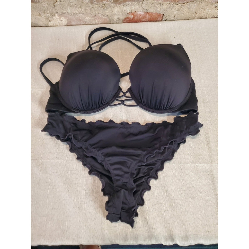 Shade & Shore Womens Bikini Set 36 DD L Black Push Up Ruffle Trim Criss Cross