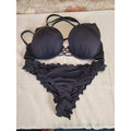 Shade & Shore Womens Bikini Set 36 DD L Black Push Up Ruffle Trim Criss Cross