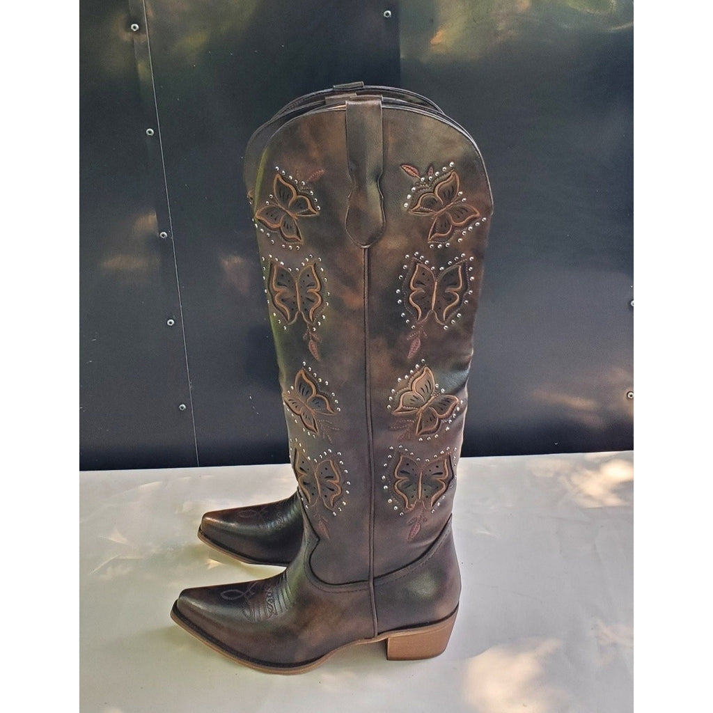 EASYFOX Womens Cowboy Boots Knee High 8.5 Dark Brown Butterfly Embroidered