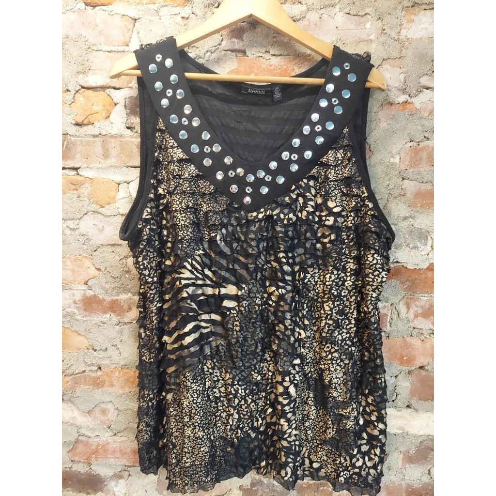 ELEMENTZ Nina B Womens 2X Multicolor Animal Print Studded V Neck Tank Top