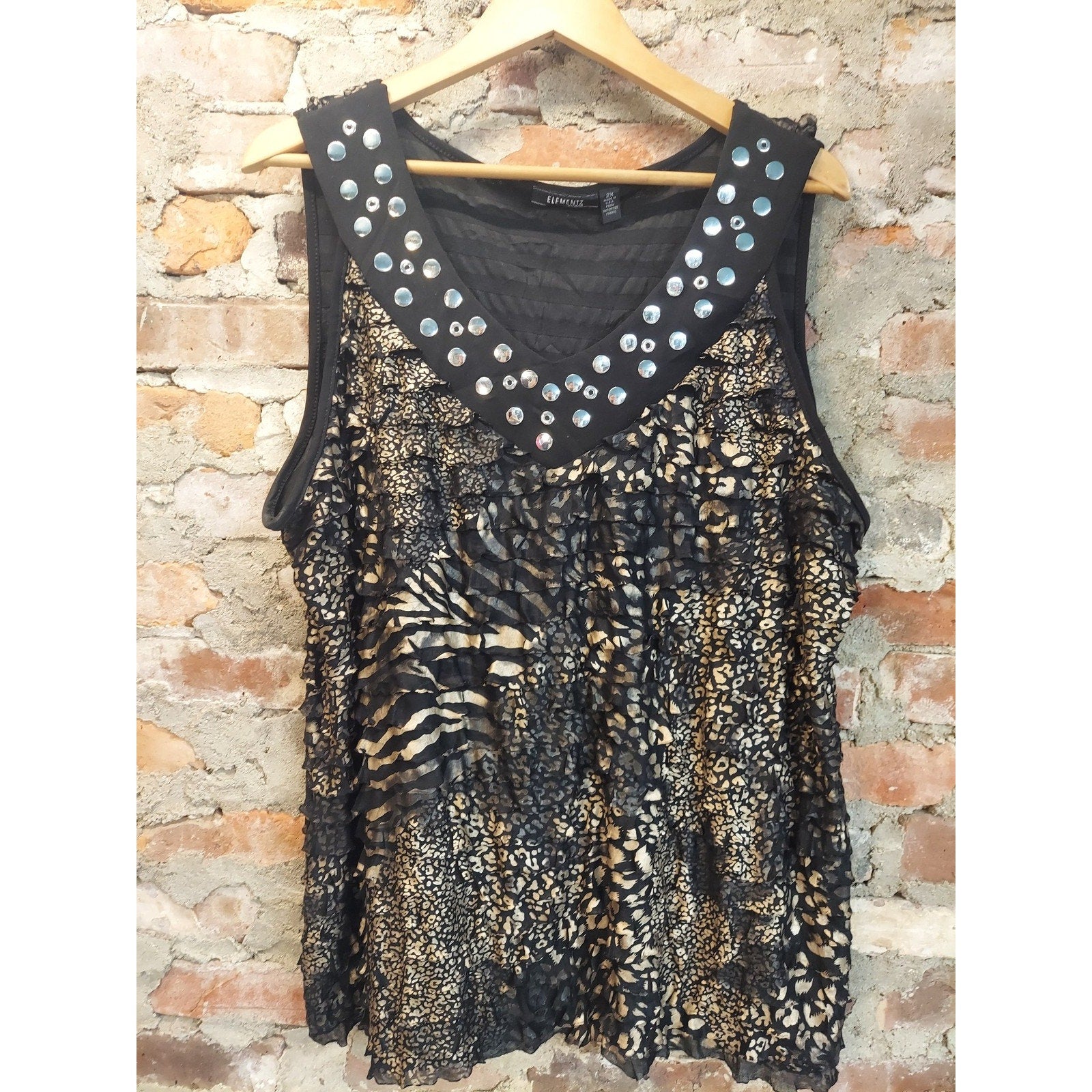 ELEMENTZ Nina B Womens 2X Multicolor Animal Print Studded V Neck Tank Top