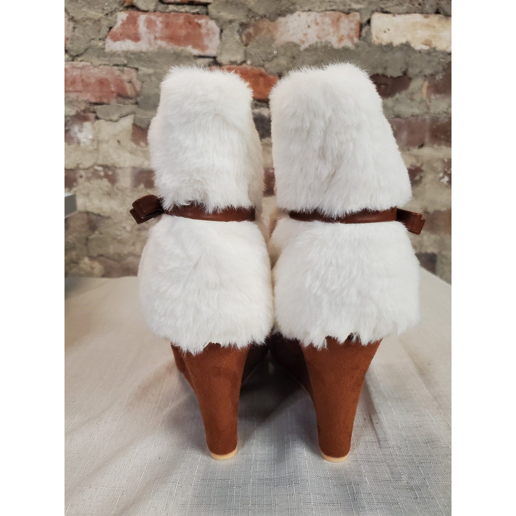 NEWBELLA Womens Ankle Boots 7.5 Brown White Faux Fur Wedge Side Zip Pointed Toe