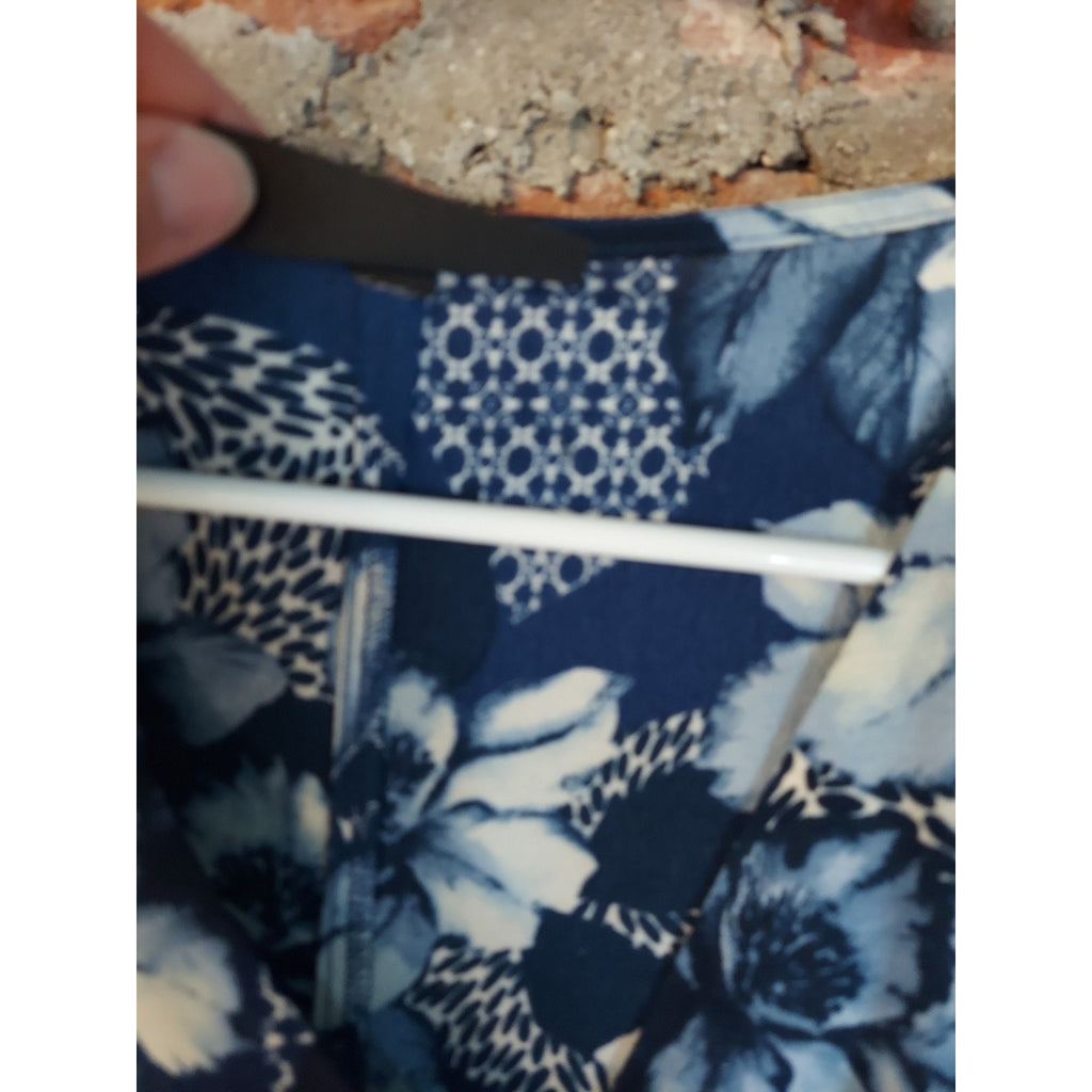 Womens 3X Blouse V Neck Short Sleeve Gathered Waist Floral Animal Print Blue