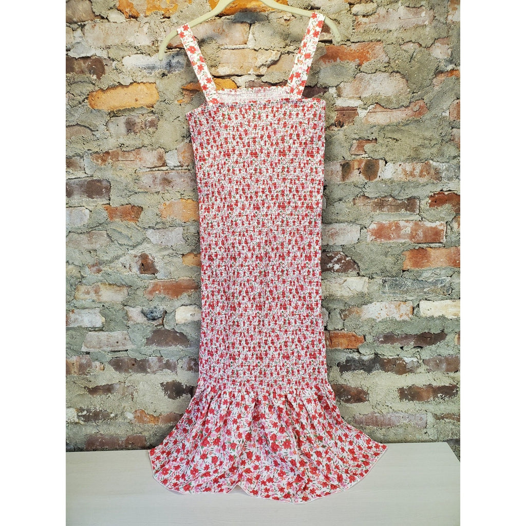 Womens Maxi Dress Smocked Ruffle Hem M Red White Floral Summer Casual