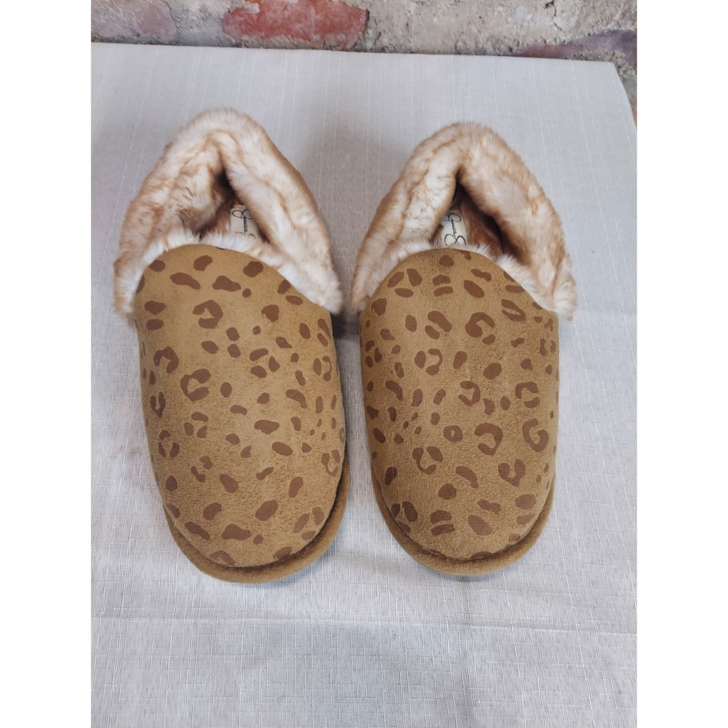 Jessica Simpson Womens Slippers L 8-9 Brown Leopard Print Faux Fur Lined Cozy