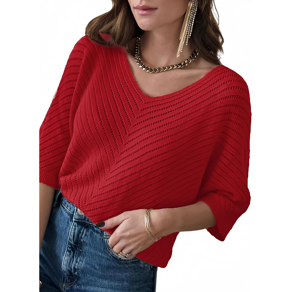 DOKOTOO Womens L Red Open Knit V Neck Short Sleeve Sweater Pullover Chevron