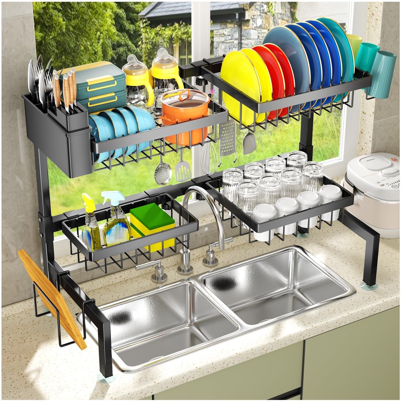 Over Sink Dish Drying Rack Adjustable Countertop Kitchen Utensil Plate Cup Black