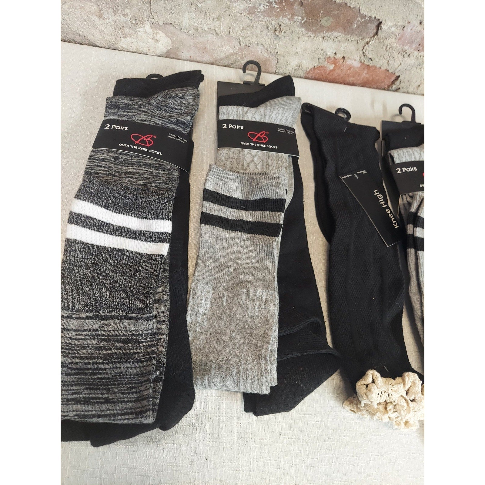 Womens Socks Lot 5 Pairs Over Knee High Black Gray Striped Lace Top Shoe Size