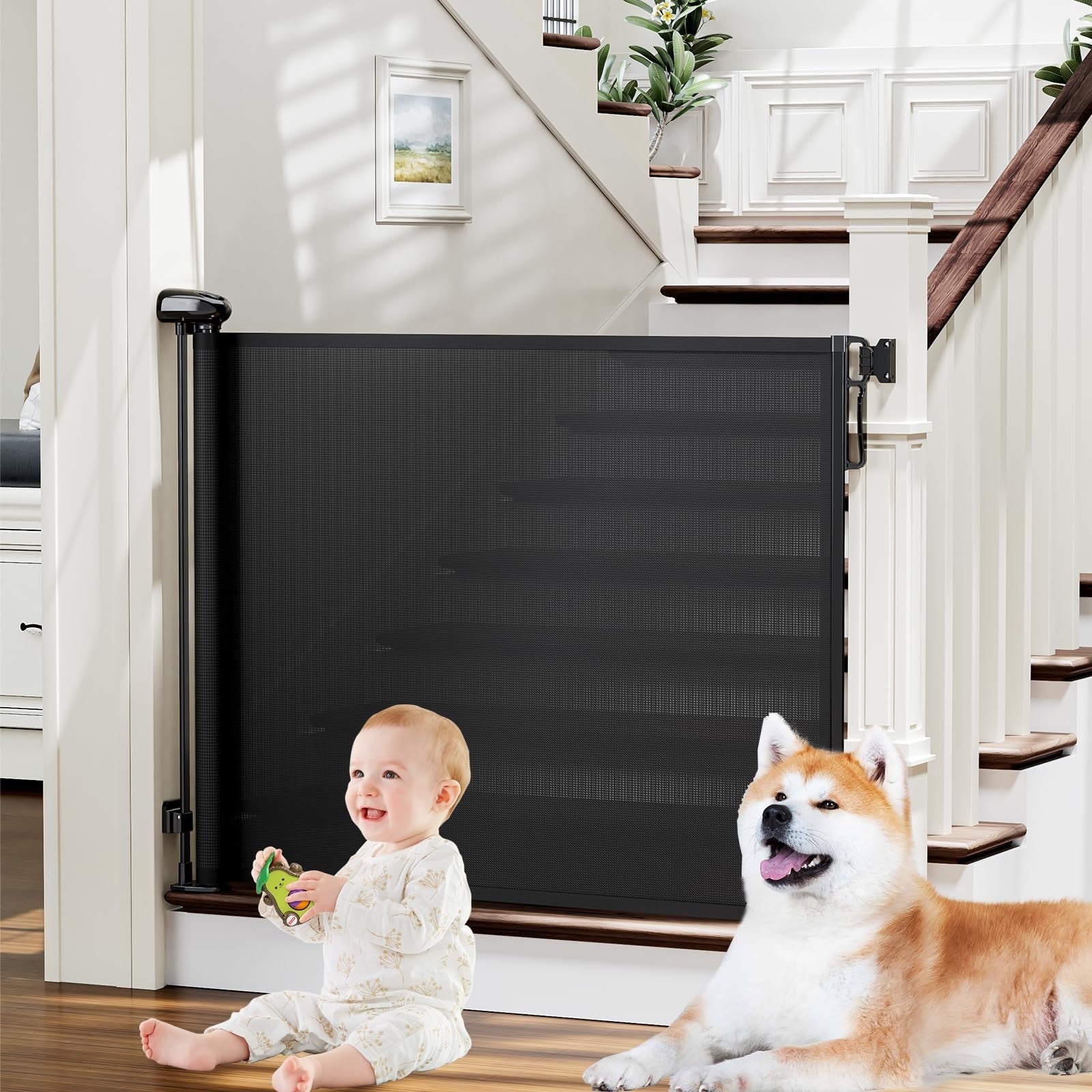 Retractable Baby Safety Gate Indoor Outdoor Pet Stairway 54 Inch Wide Black Easy