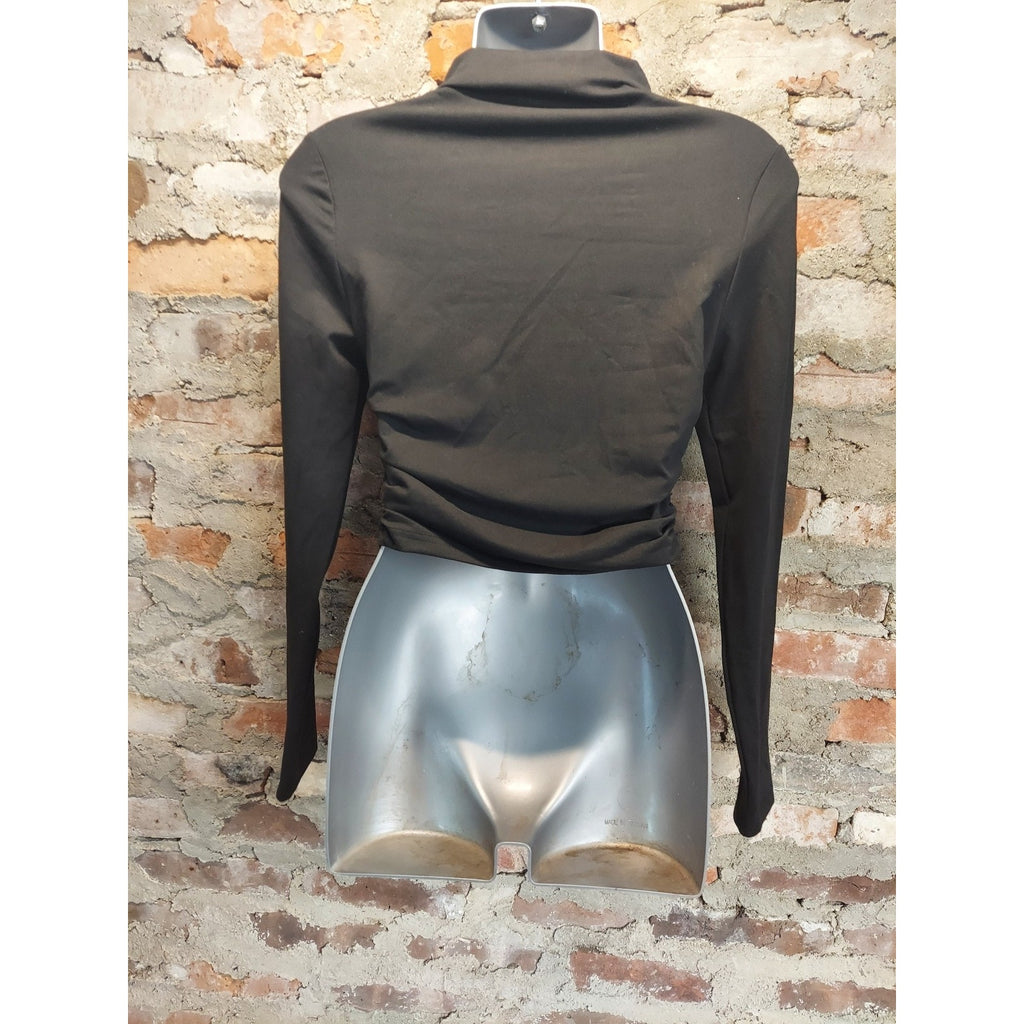 Womens Black Bodysuit Mock Neck Long Sleeve Asymmetrical Wrap Top Size S Stretch