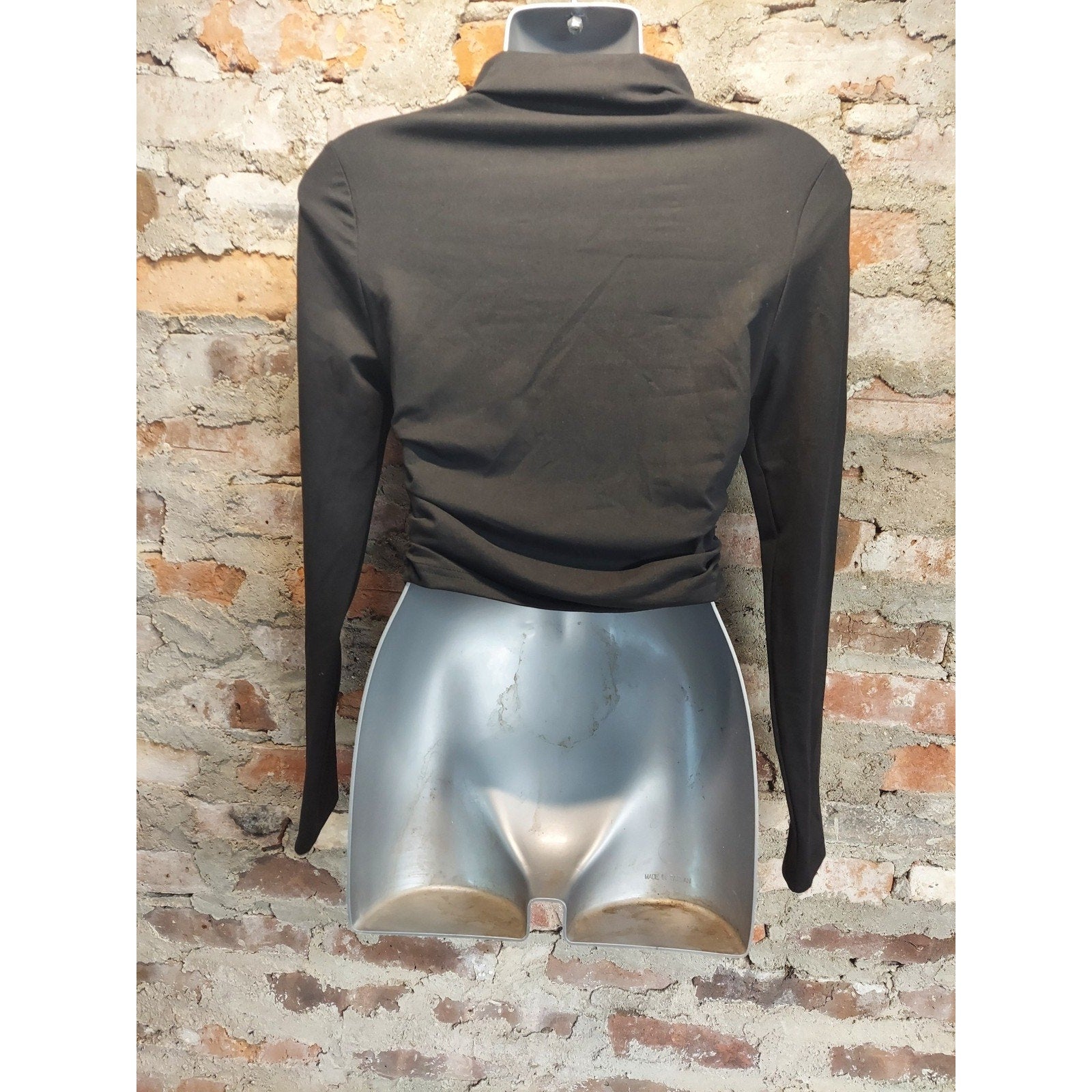 Womens Black Bodysuit Mock Neck Long Sleeve Asymmetrical Wrap Top Size S Stretch