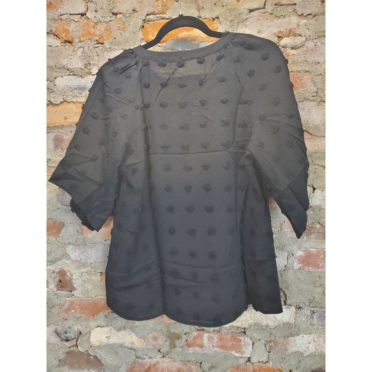 Womens Black Blouse S Pom Pom Dot Textured 3/4 Sleeve Ruffle Neck Polyester