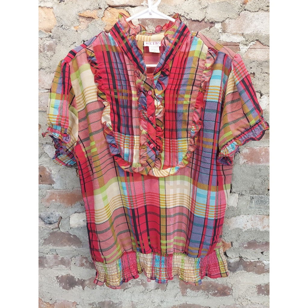 Retro Womens Plaid Ruffle Blouse 2X Plus Multicolor Short Sleeve Smocked Hem