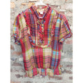 Retro Womens Plaid Ruffle Blouse 2X Plus Multicolor Short Sleeve Smocked Hem