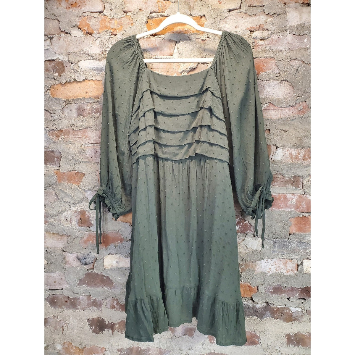 City Chic Womens Dress XXS Olive Green Long Sleeve Square Neck Ruffle Tiered