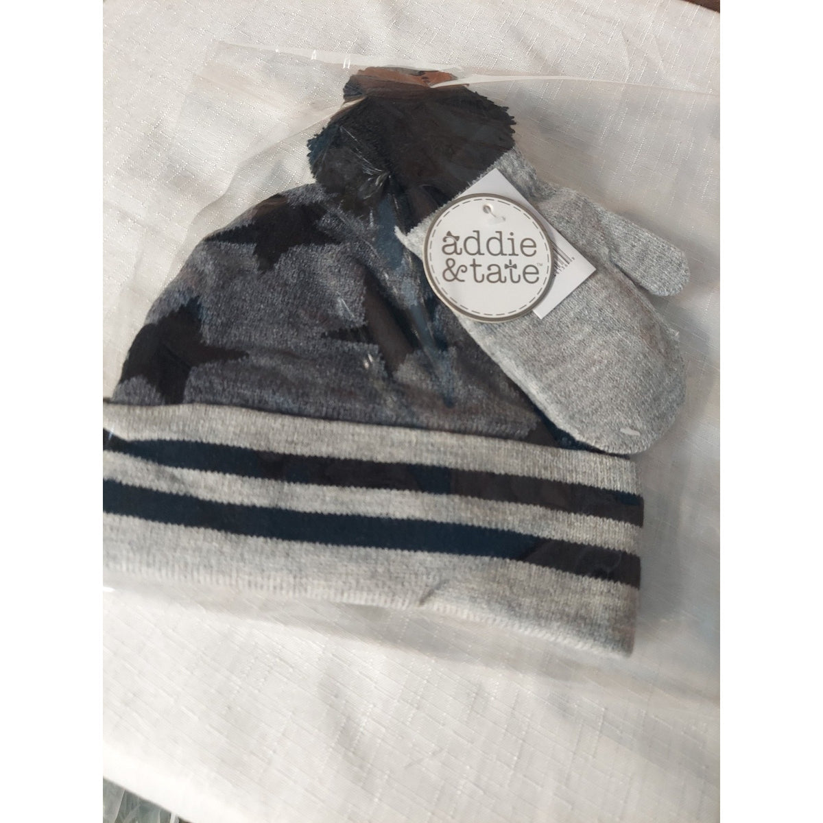 addie & tate Baby Infants Hat Mittens Set Gray Black Stars Striped Pom Pom