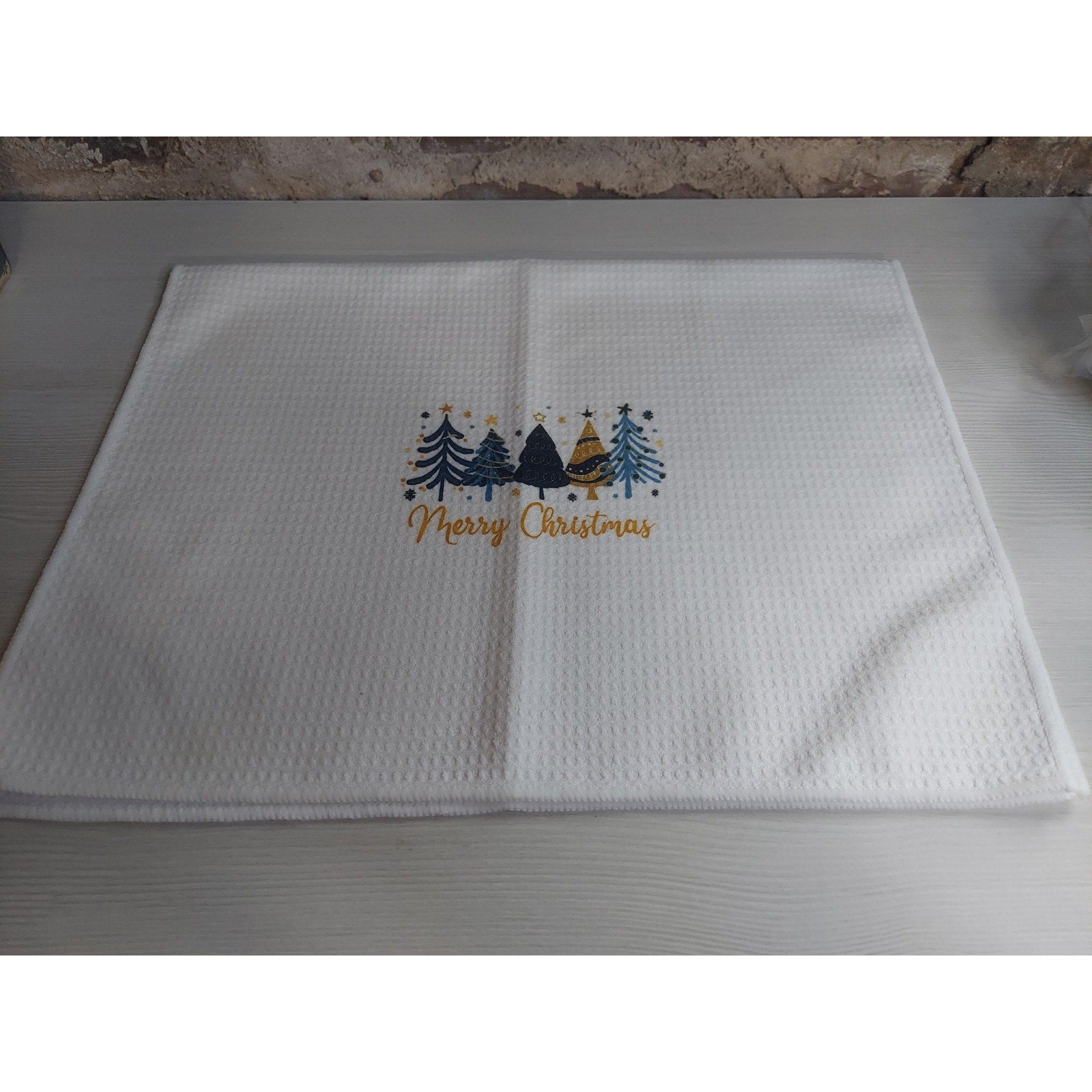 Christmas Kitchen Towel Waffle Weave Merry Christmas Trees Holiday Decor White