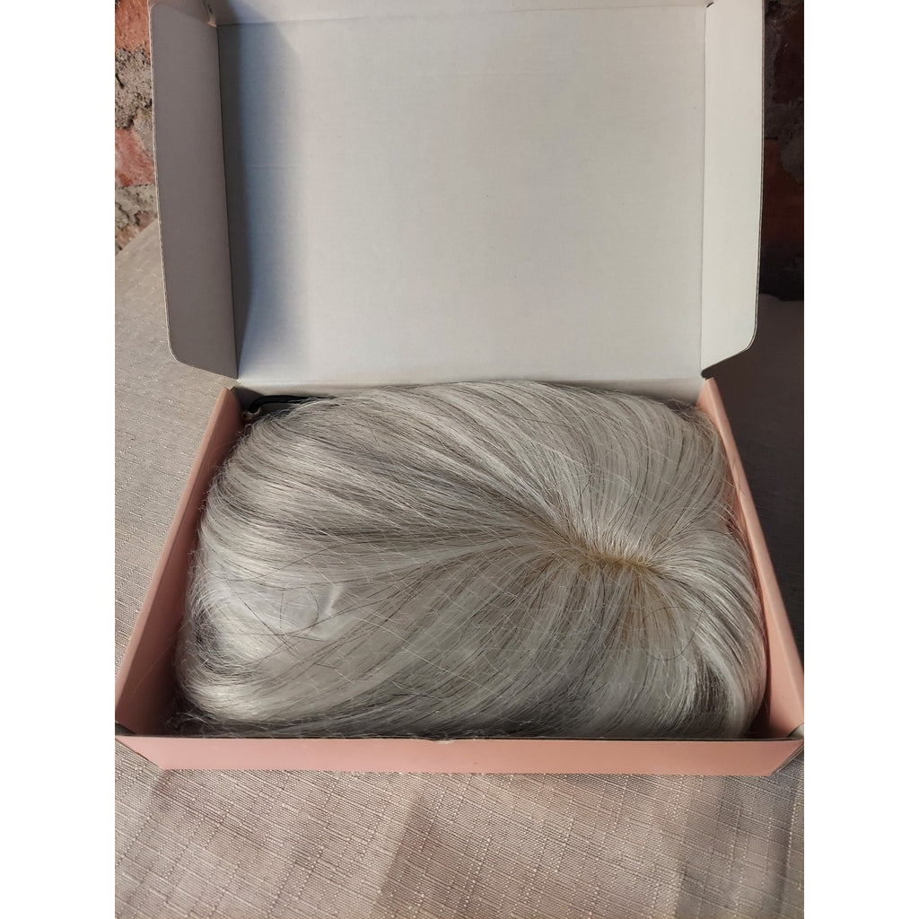 FlufyMooz Womens Hair Topper 10" Top Piece Silver White Gray Clip In Hairpiece