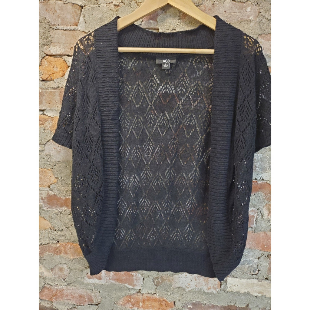AGB Womens Cardigan L Black Short Sleeve Open Weave Sheer Knit Crochet Shrug