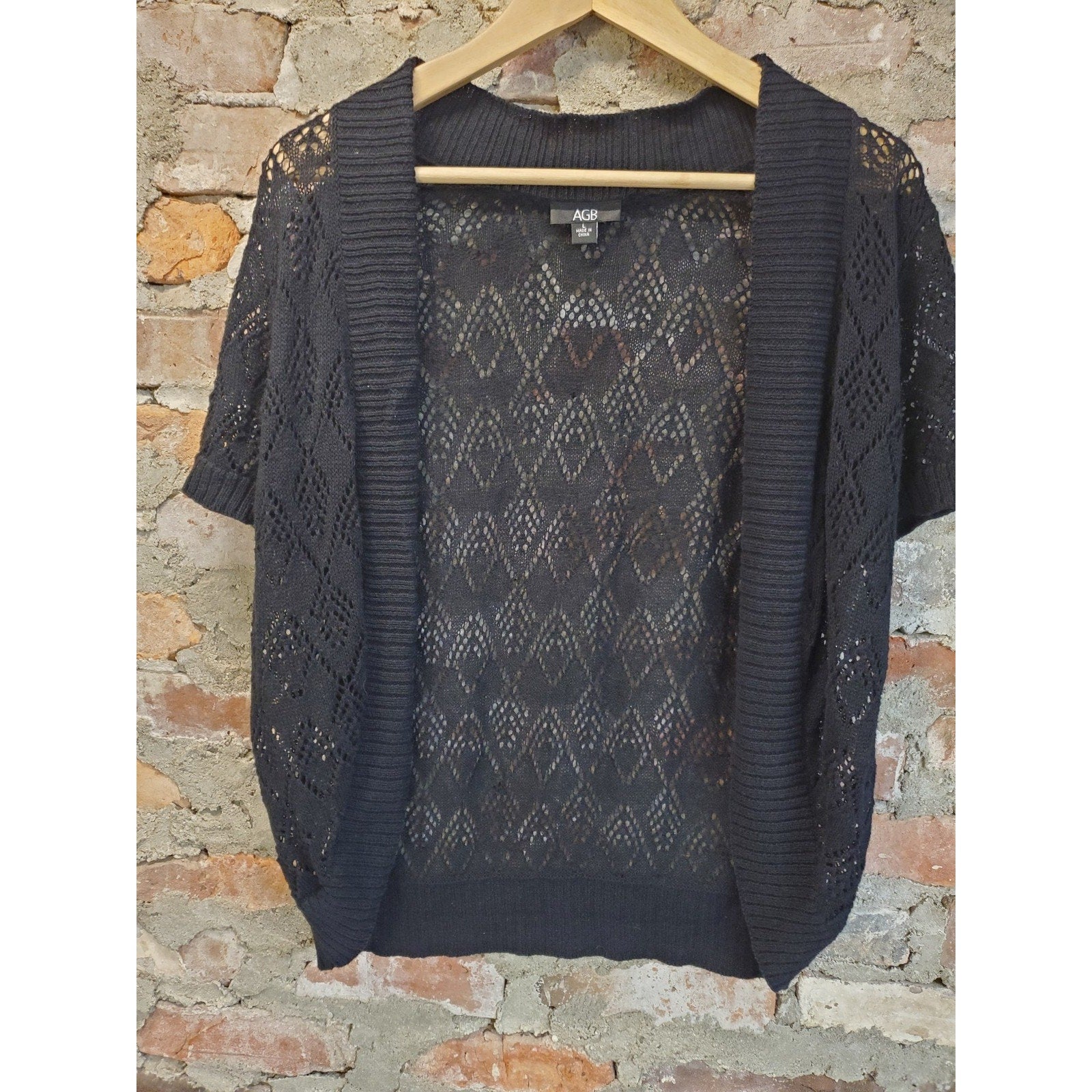 AGB Womens Cardigan L Black Short Sleeve Open Weave Sheer Knit Crochet Shrug