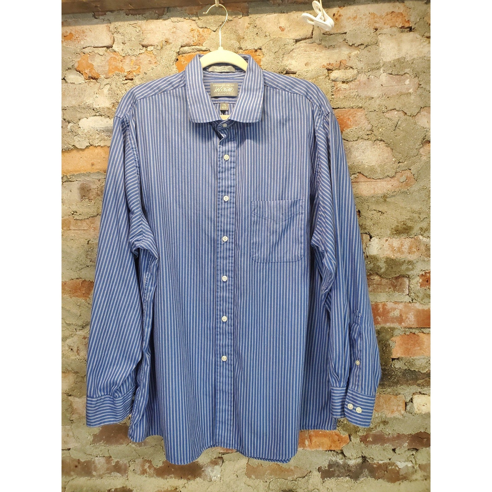 Lord & Taylor Mens Long Sleeve Button Down Shirt 17.5 34/35 Blue White Striped