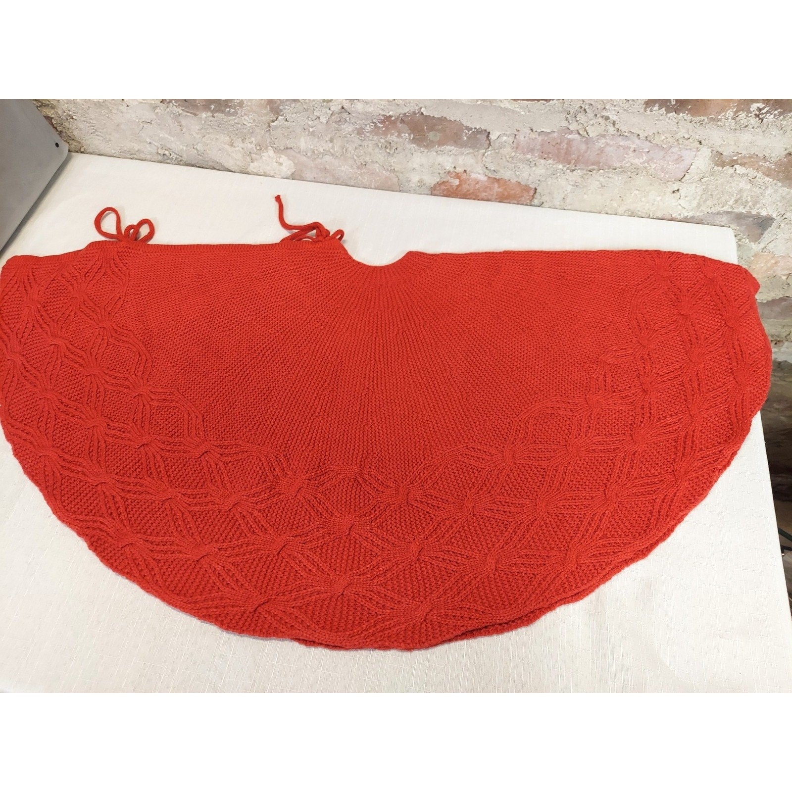 Christmas Tree Skirt Red Knitted Patterned Textured Holiday Country Grandma-core