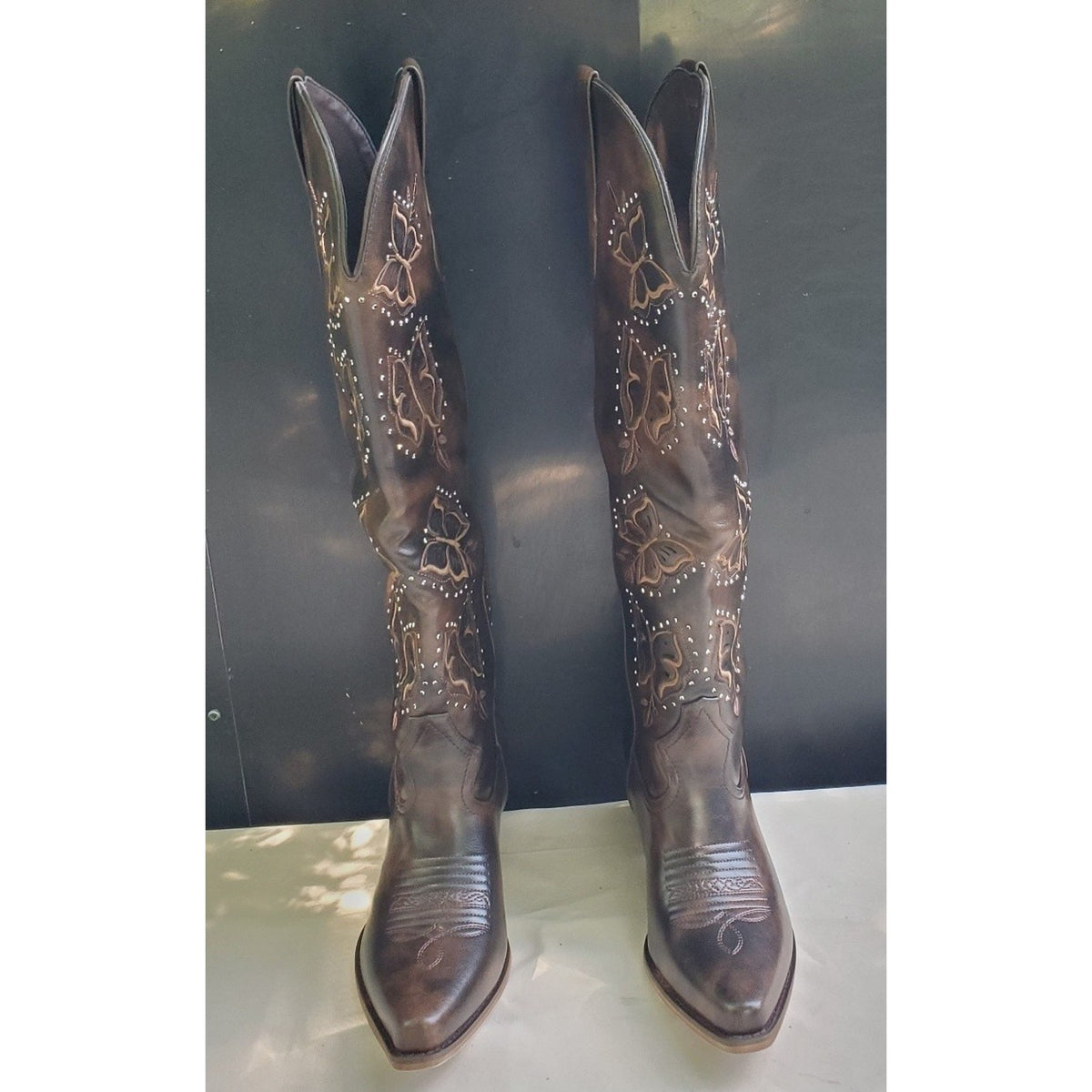 EASYFOX Womens Cowboy Boots Knee High 8.5 Dark Brown Butterfly Embroidered