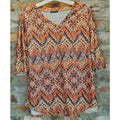 Sampeel Womens Tunic Top L Orange Navy Multicolor Geometric V Neck 3/4 Sleeve