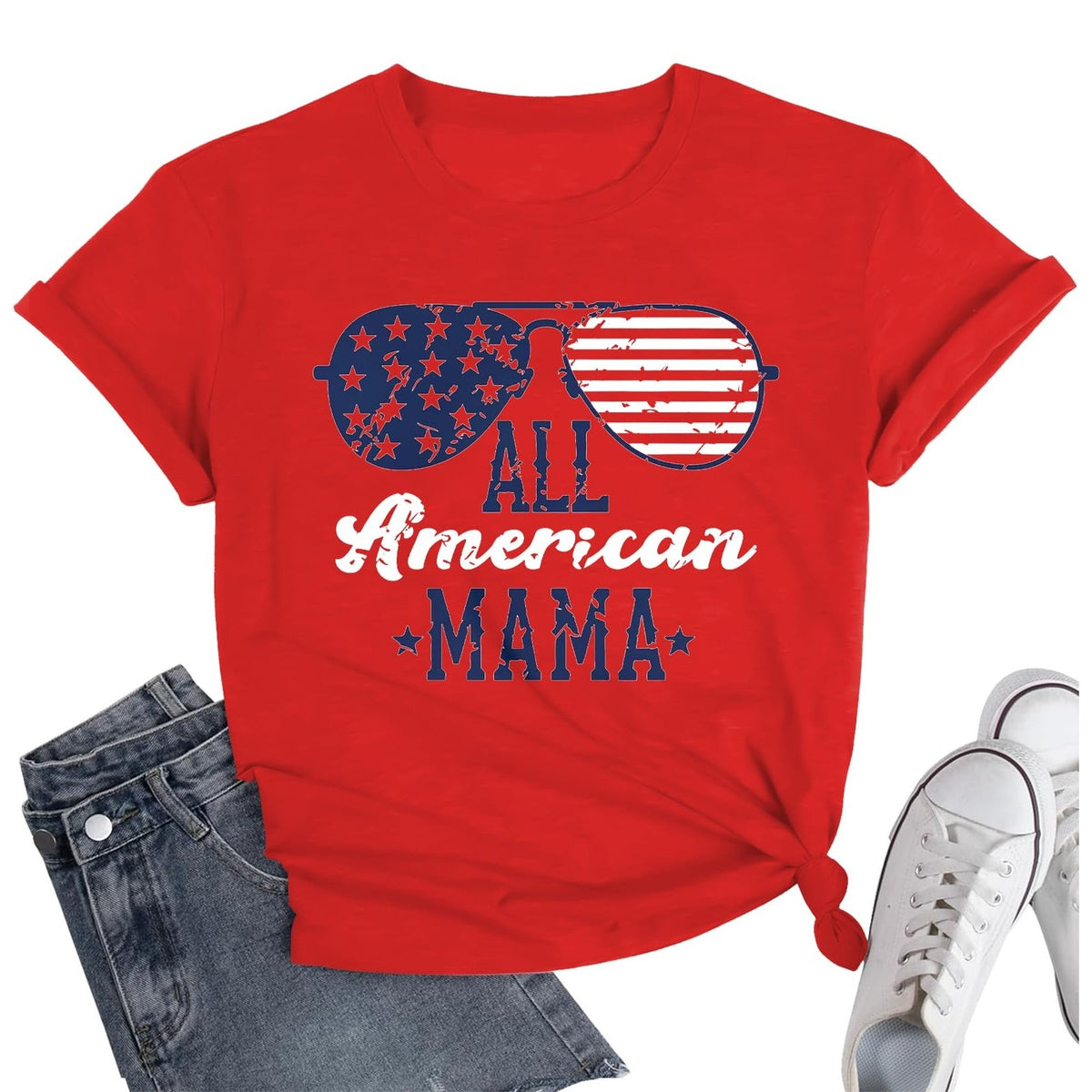 Womens All American Mama Stars Stripes Red Graphic T Shirt Size Small Patriotic