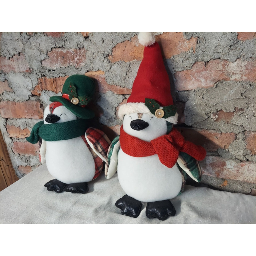 Christmas Penguin Holiday Decor Set 2 Plush Stuffed Animal Farmhouse Red Green