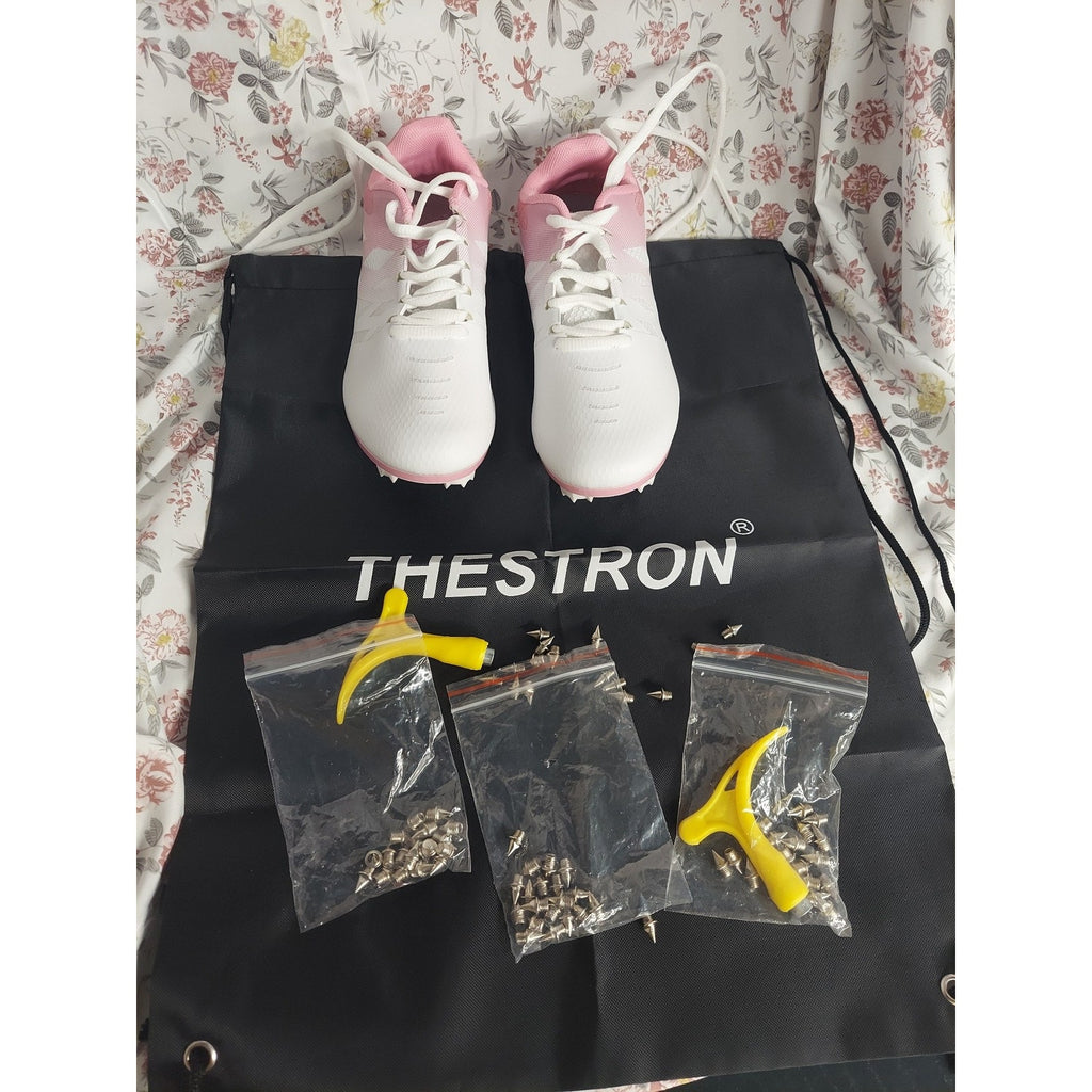 THESTRON Girls Sz 8 Track Spikes Running Sprint Racing Shoes White Pink Athletic