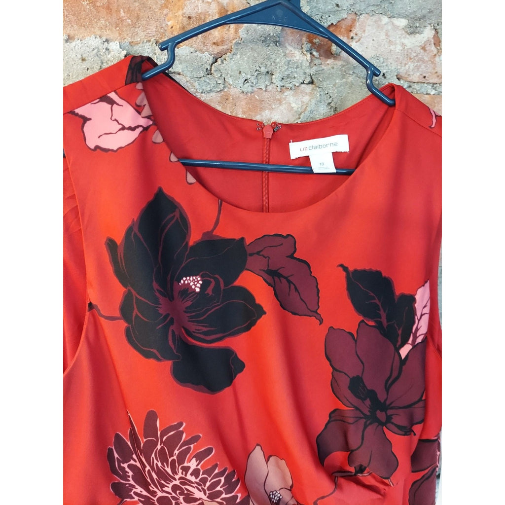 Liz Claiborne Womens Sleeveless Dress Size 16 Red Floral Print Sheath Midi
