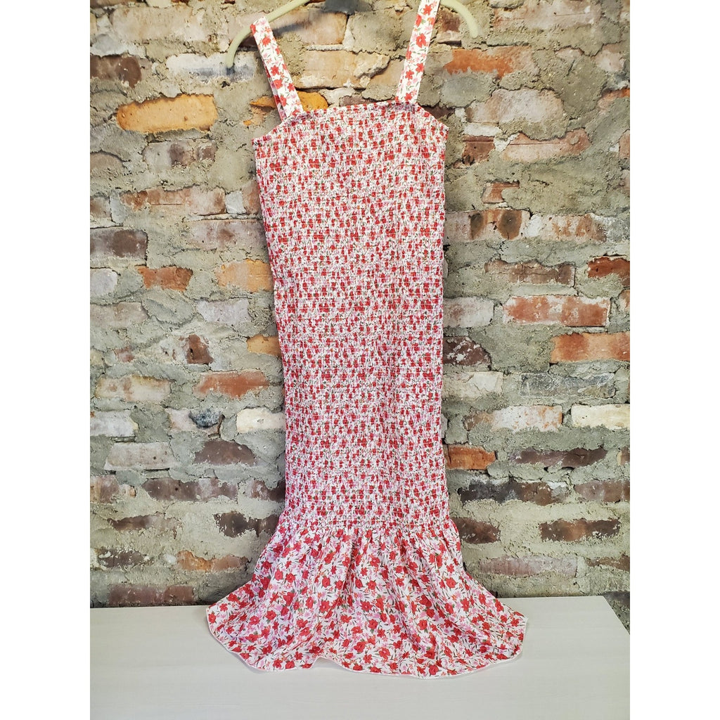 Womens Maxi Dress Smocked Ruffle Hem M Red White Floral Summer Casual