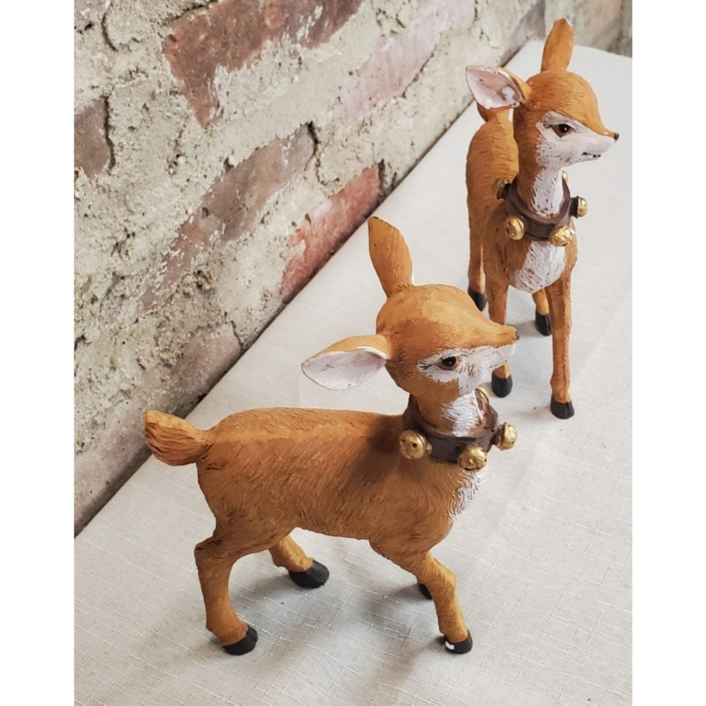 Christmas Reindeer Deer Fawn Figurines Set 2 Jingle Bells Holiday Decor