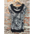 American City Wear Womens Top 2XL Black White Paisley Floral Ruffle Neck