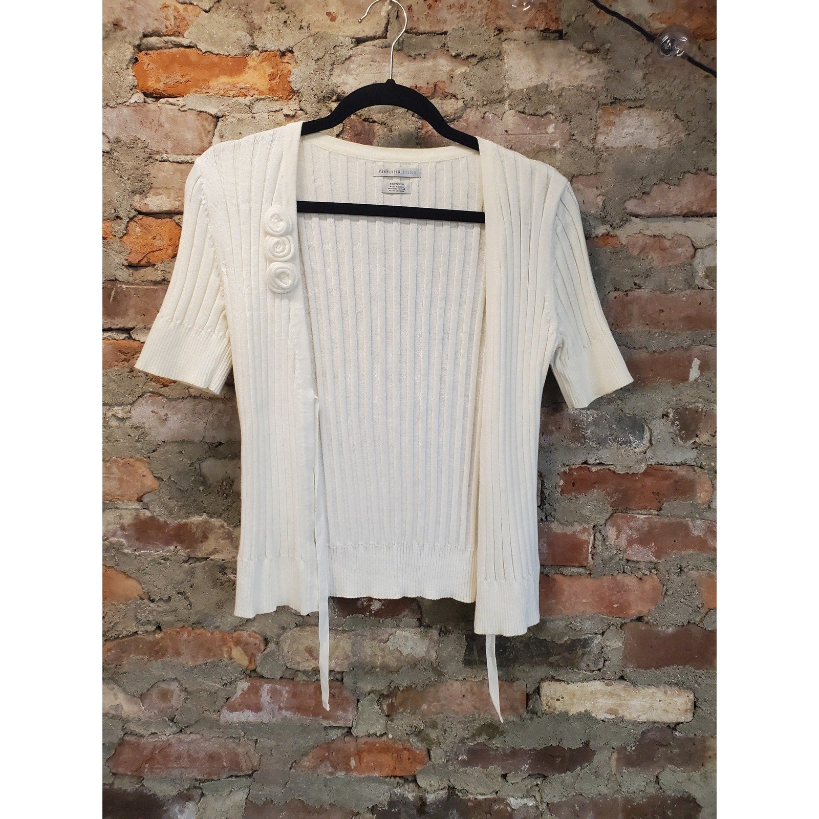 Van Heusen Studio Womens Short Sleeve Ribbed Knit Cardigan XS Ivory Open Front