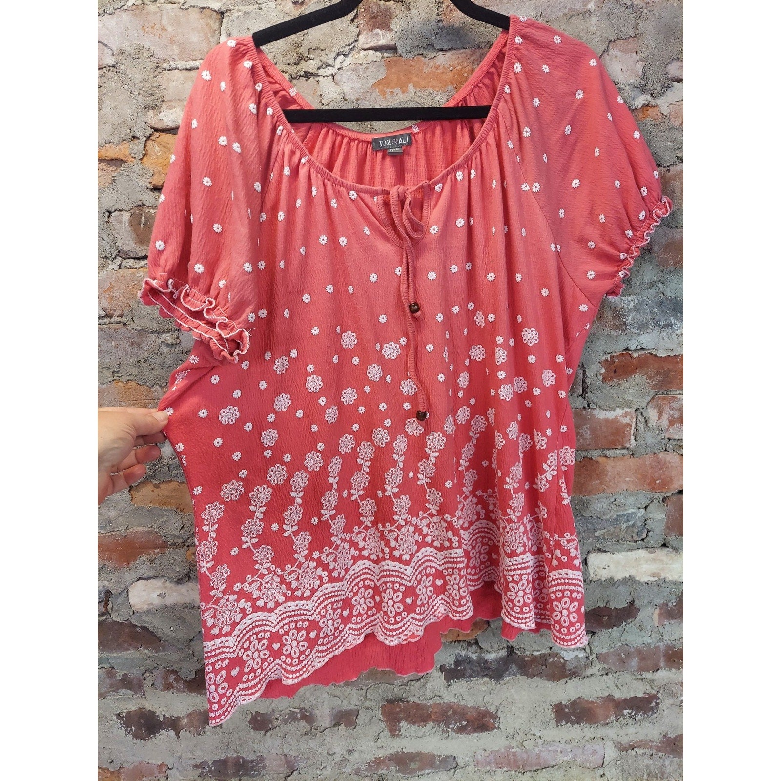 Foz Ali Womens Blouse 2X Coral White Floral Dot Peasant Short Sleeve Top