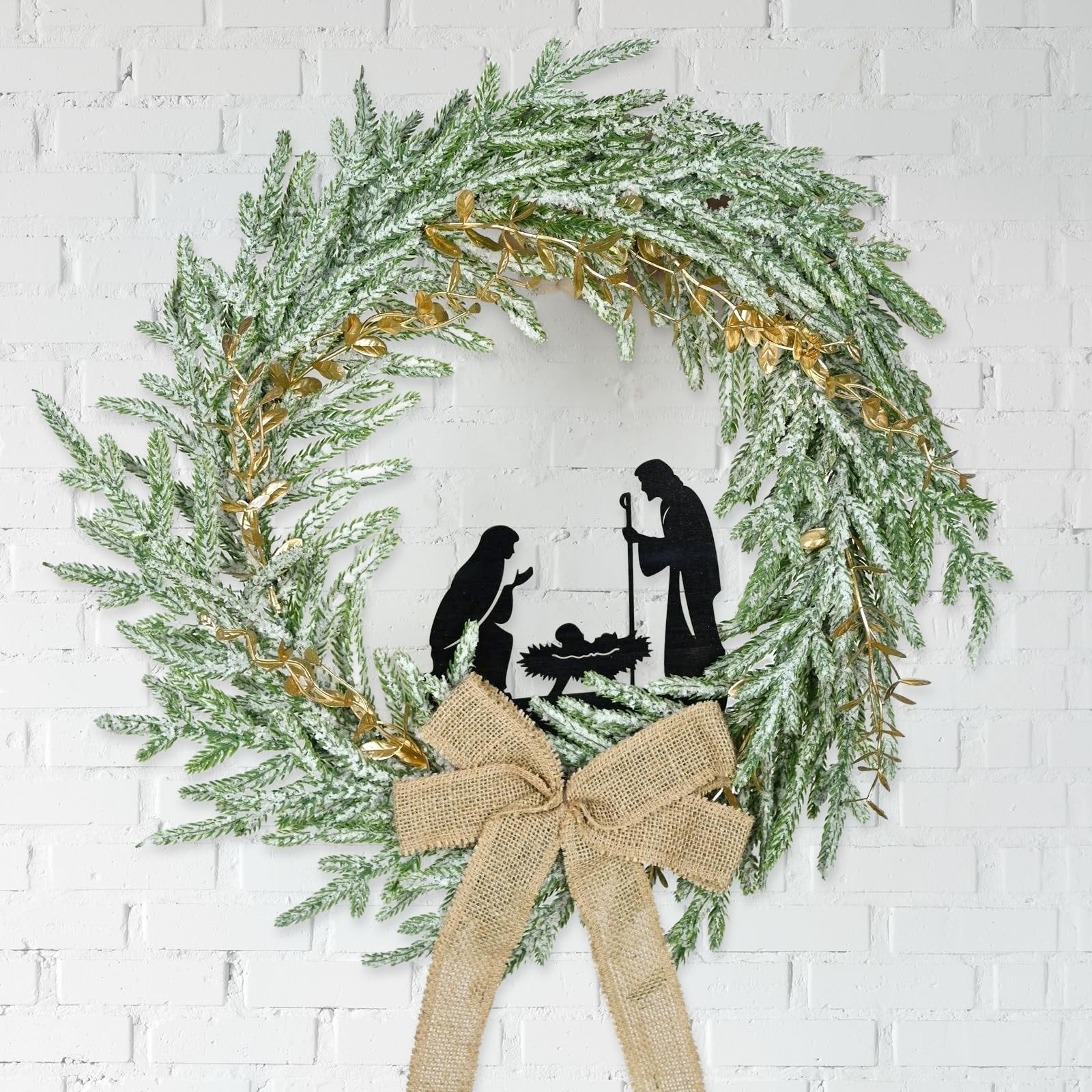 Christmas Nativity Wreath Flocked Holy Family Religious Decor Burlap Bow 17.7"