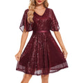 Wedtrend Womens Dress 2XL Burgundy Sequin V Neck Flutter Sleeve Party A-Line