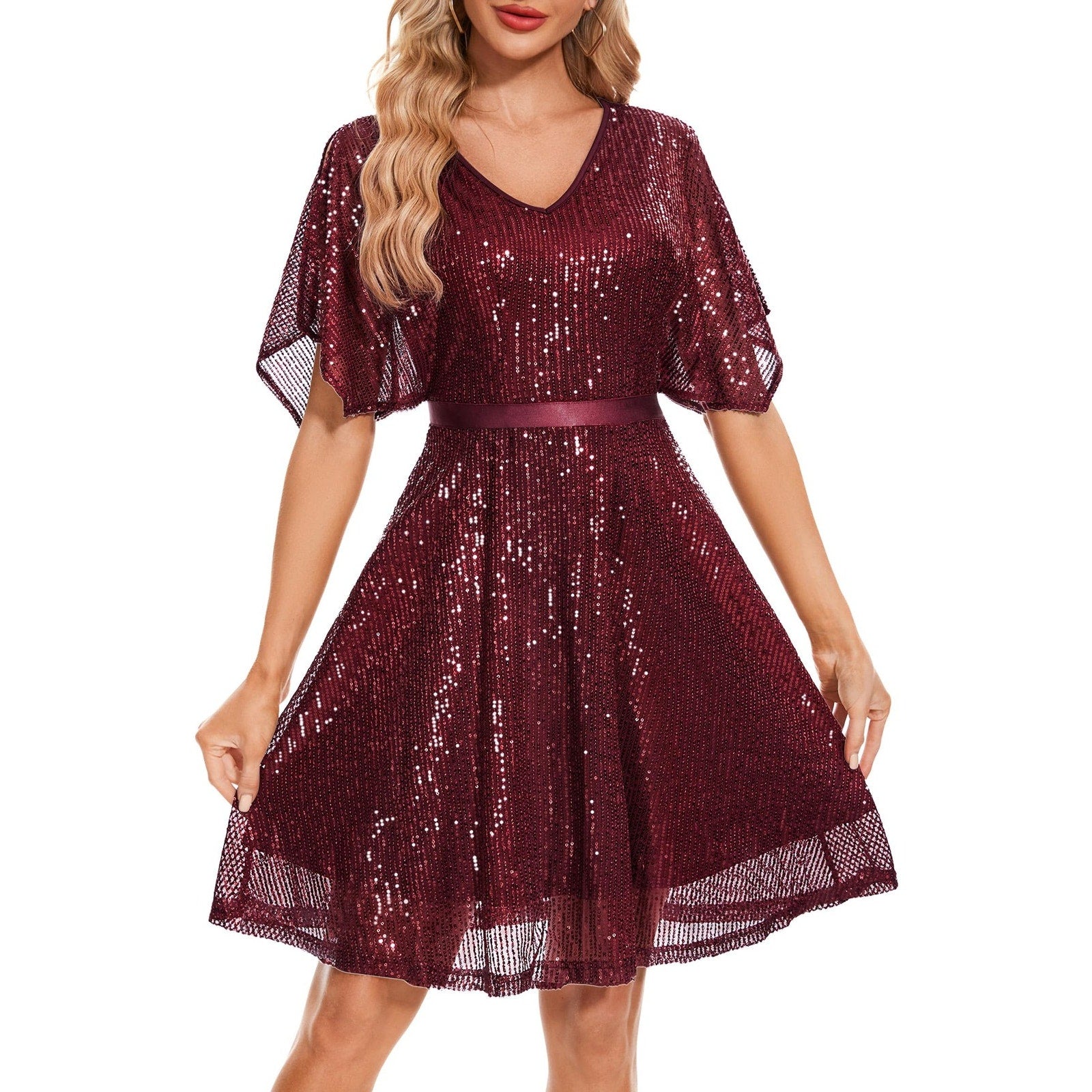 Wedtrend Womens Dress 2XL Burgundy Sequin V Neck Flutter Sleeve Party A-Line